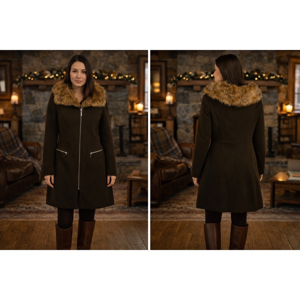 Via Spiga Brown Wool Blend Faux Fur Collar Leopard Lining Coat Womens‎ 6